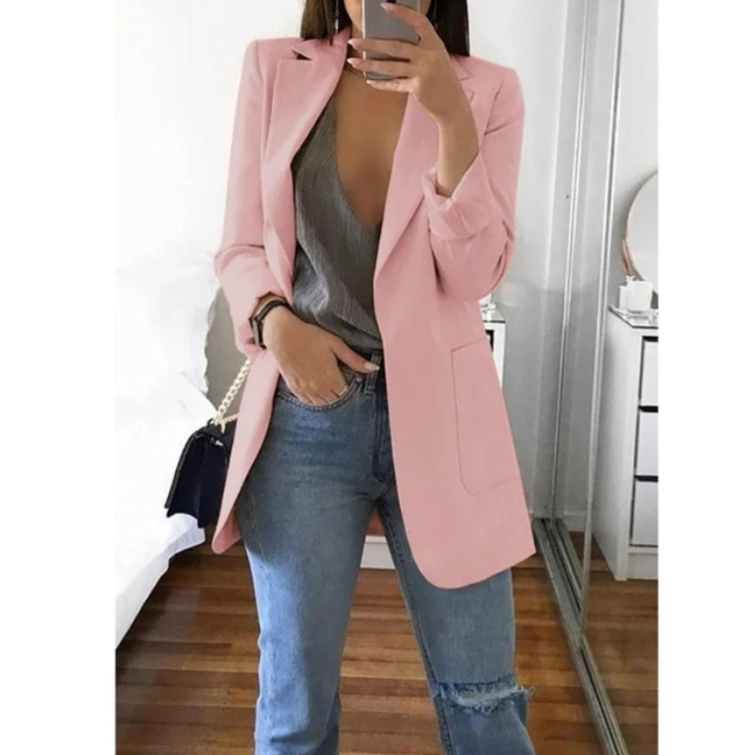 Kvinnors Lång Blazer Elegant Andningsbart Tyg-4