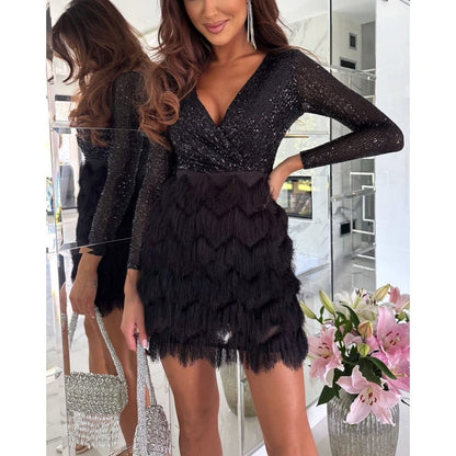 Kvinnors Glittrig Miniklänning Elegant Vinterstil Högkvalitativ Blandning-3