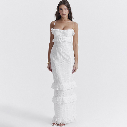 Maxikleid mit Broderie und Ruffles – Fließende Silhouette für Sommerfeste, Perfekt für Hochzeit und besondere Anlässe 1