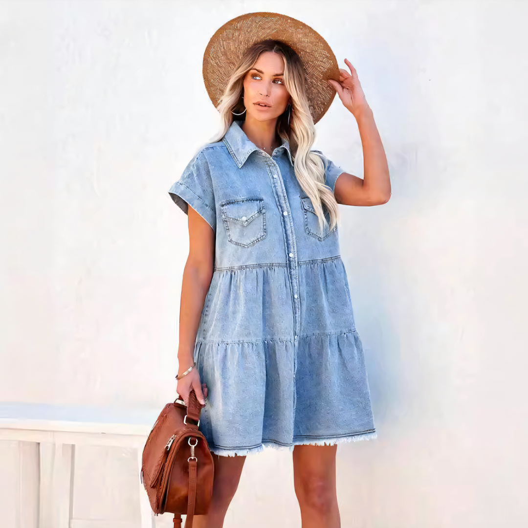 Dam Lång Jeansklänning Klassisk Högkvalitativ Denim 4