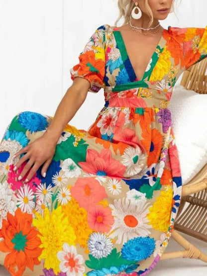 Dam Sommarklänning V-ringning Blommigt Tryck Lätt Polyester-2