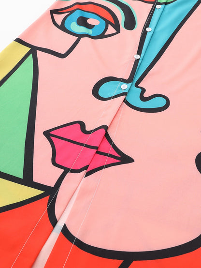 Dam Klänning Långärmad Skjortkrage Polyester Mönstrad-5