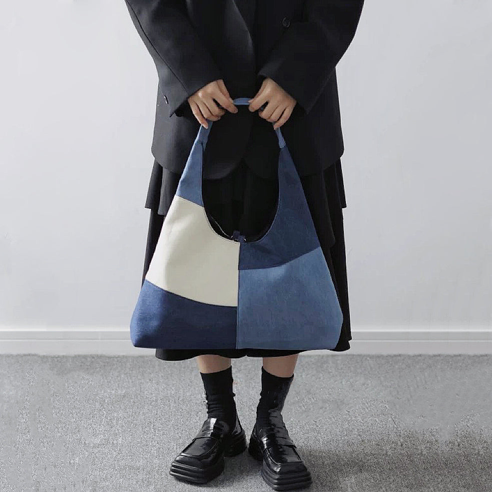 Rymlig Denim Shoppingväska för Dam med Patchwork-design och Axelrem – Praktisk och Stilren 3