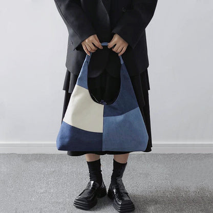 Rymlig Denim Shoppingväska för Dam med Patchwork-design och Axelrem – Praktisk och Stilren 3