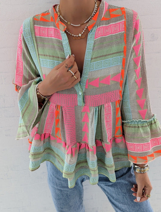 Kvinnors Långärmad Skjorta Blommig Bomull och Linne-1