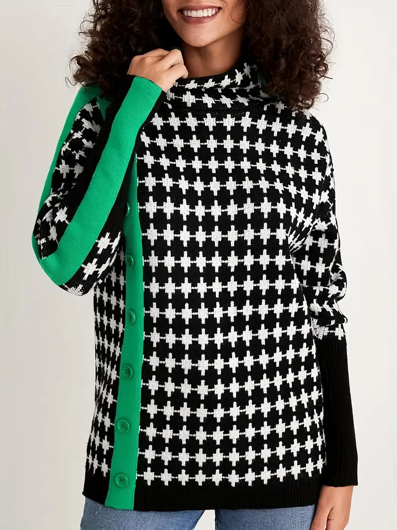 Dam Turtleneck Tröja Mönstrad 100% Bomull Avslappnad Passform 2