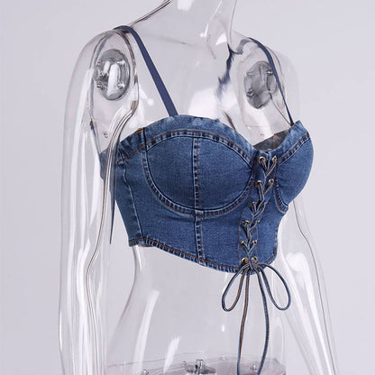 Dam Bustier Kort Denim med Spetsdetaljer-4