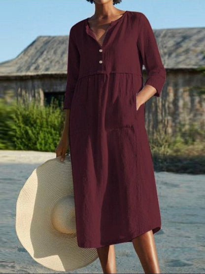 Dam Klänning Midi Halv Öppen Knapp Bomull med Framfickor-5