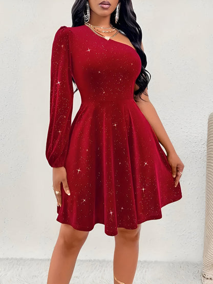 Kvinnors Klänning Asymmetrisk En-Axel Design Rufflar Kvalitativt Tyg-3