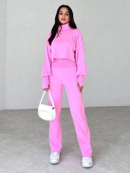 Dam Turtleneck Ensemble Mysig Byxa och Topp Mjuk Blandning-4