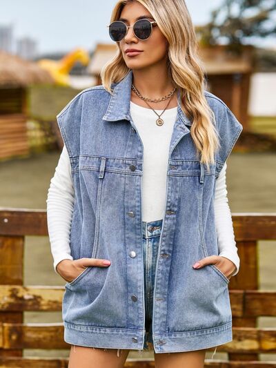 Dam Ärmlös Denimjacka Med Knappar Avslappnad Design-6