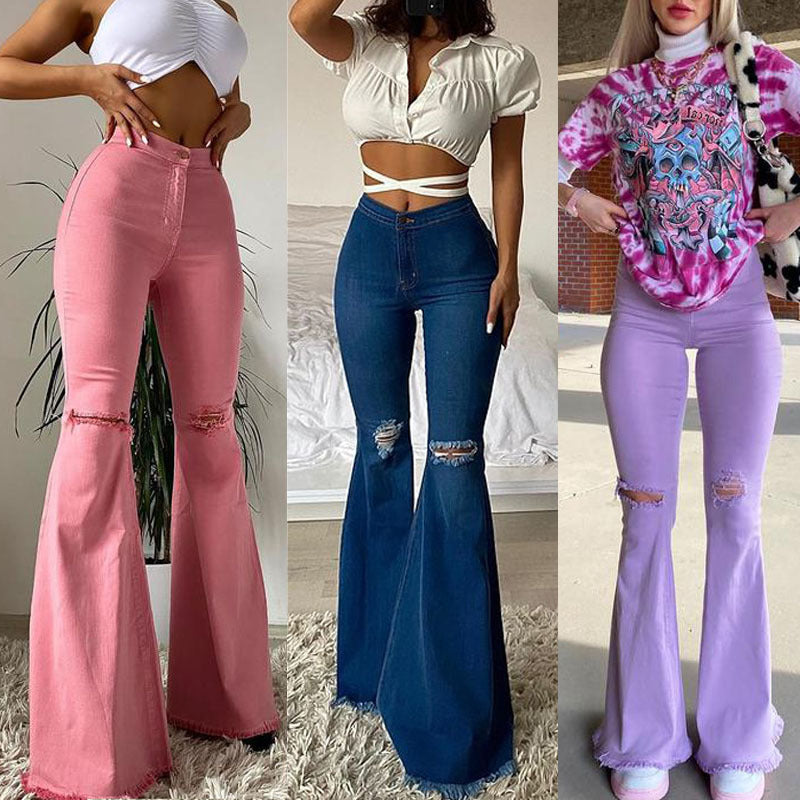 Snygga Byxor Dam Trasiga Detaljer Stretch-Denim Avslappnad Passform 2