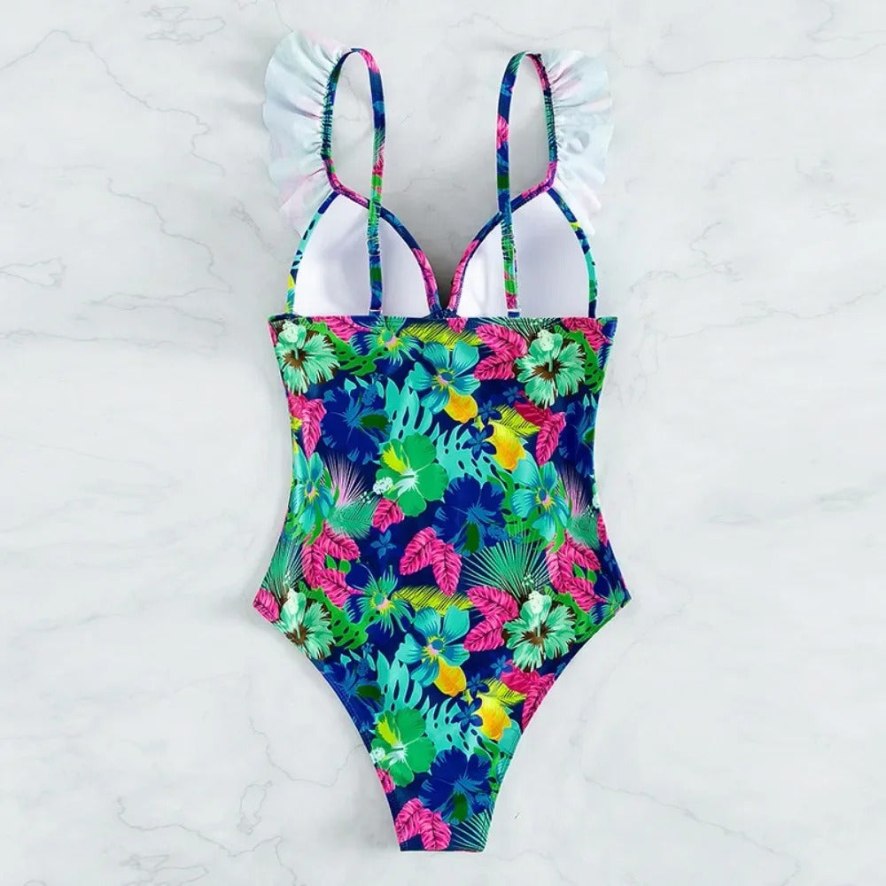Baddräkt Dam Shaping med Ruffles och Blommor, Komfortabel Nylon Spandex-4