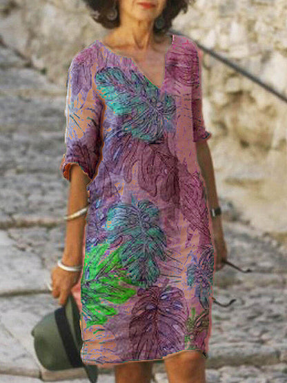 Kvinnors Midi Klänning Rund Hals Högkvalitativt Tyg Växtbladmönster-5