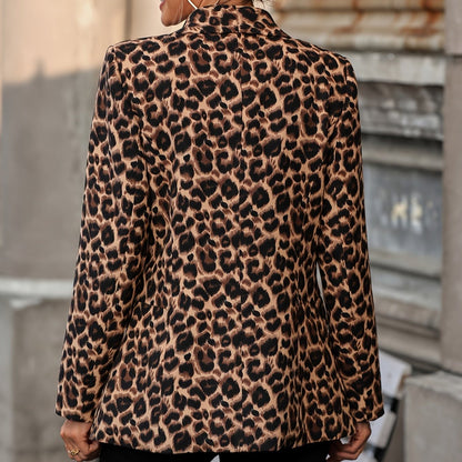 Kvinna Lång Blazer Leopardmönster Mjukt Blandat Tyg-2