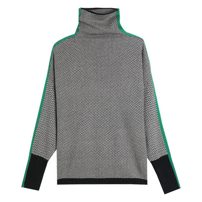 Stickad Dam Turtleneck Tröja Geometrisk Ull för Höst och Vinter-5
