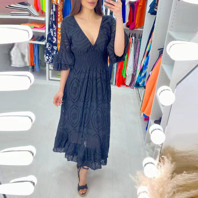 Dam Midi Klänning Broderade Anglaise Ruffles Högkvalitativt Tyg 5