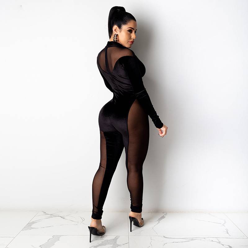 Dam Jumpsuit Långärmad Turtleneck Transparent Mesh Polyester Spandex-5