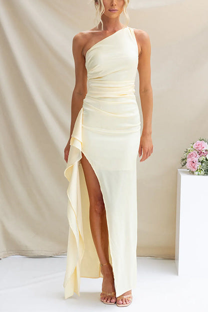 Dam Maxiklänning En Axelsnitt Rynkad Bomull Polyester-4