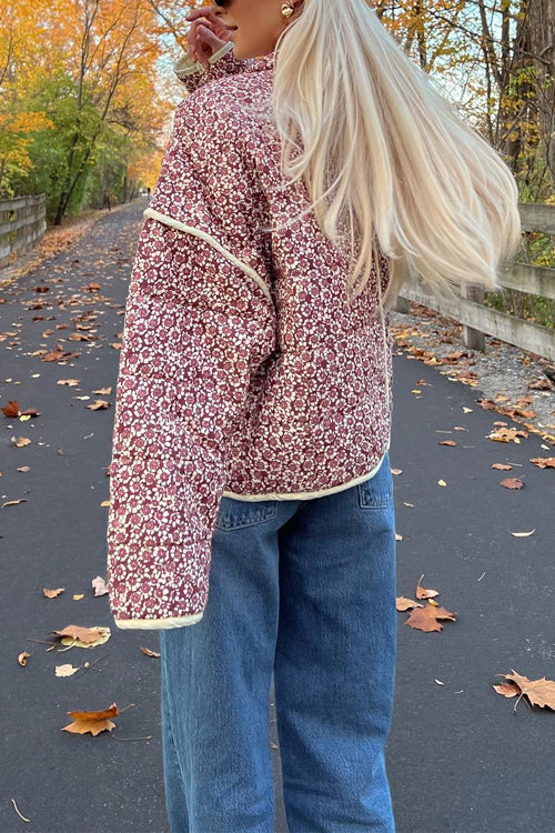 Dam Kappa Blommig Quiltad med Stativ-Upp Krage-5