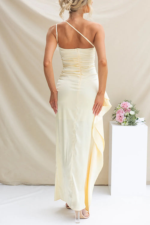 Dam Maxiklänning En Axelsnitt Rynkad Bomull Polyester-5