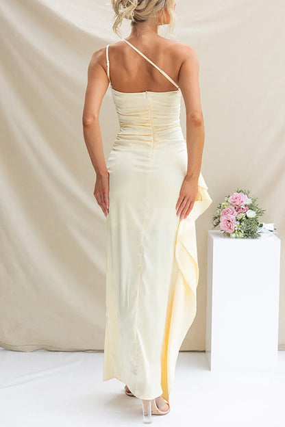 Dam Maxiklänning En Axelsnitt Rynkad Bomull Polyester-5