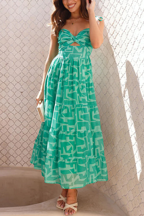 Damklänning Midi Med Bindning Och Tryck Bomull Polyester-1