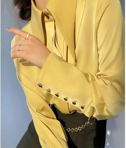 Dam Blus Satin Klassisk Passform med Unika Manschetter-2