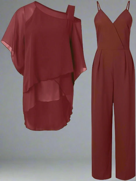 Dam Chiffong Set Elegant Axeltopp och Byxor Lyxig Chiffong 4