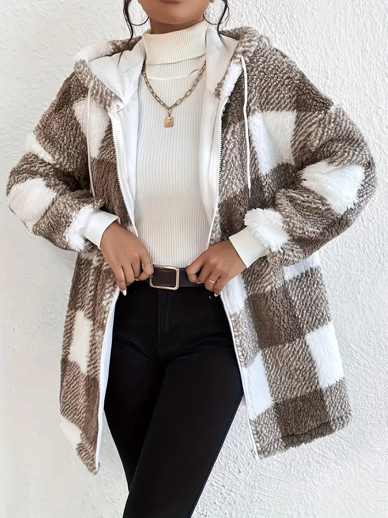 Damjacka Hoodie i Teddy Material med Kontrollerat Mönster-3