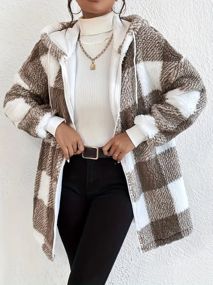Damjacka Hoodie i Teddy Material med Kontrollerat Mönster-3