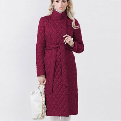 Dam Lång Bomullsjacka Vadderad Med Dragsko Diamantmönster-2