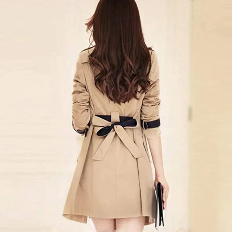 Dam Trench Coat Dubbelknapp Klassisk Stil Mjuk Polyester-Bomull-3