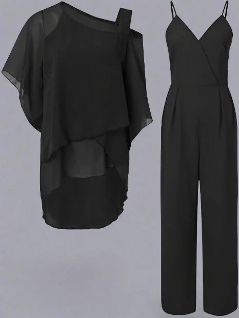 Dam Chiffong Set Elegant Axeltopp och Byxor Lyxig Chiffong 3