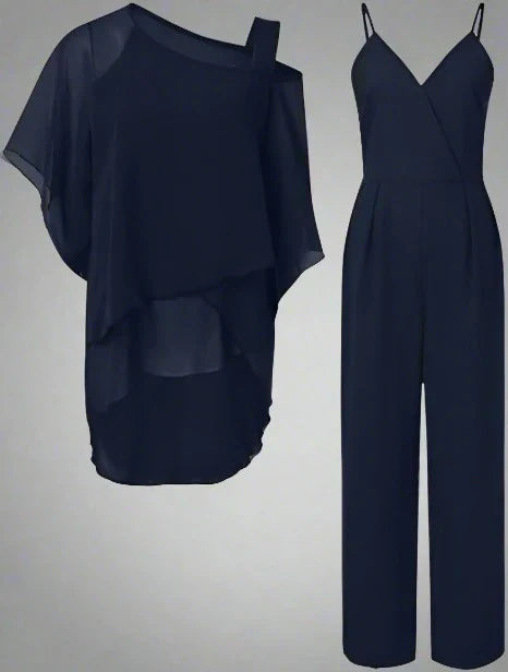Dam Chiffong Set Elegant Axeltopp och Byxor Lyxig Chiffong 2