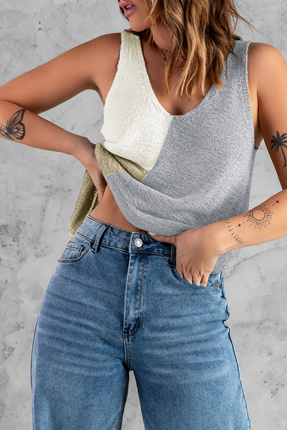 Dam Stickningstopp Ärmlös Färgblock Andningsbart Tyg-4