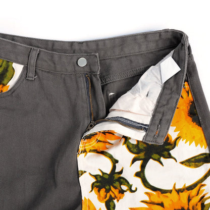 Damjeans Hög Midja Raka Blommönstrad Bomull och Polyester-6