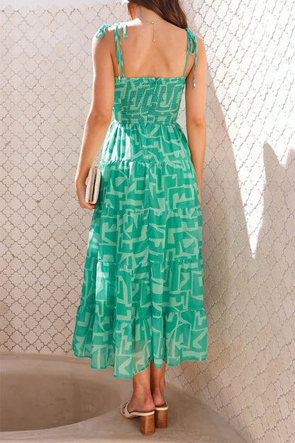 Damklänning Midi Med Bindning Och Tryck Bomull Polyester-2