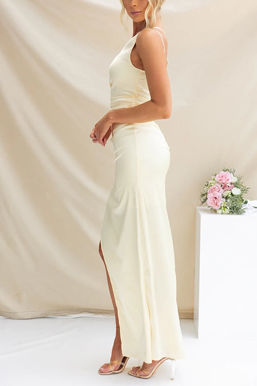 Dam Maxiklänning En Axelsnitt Rynkad Bomull Polyester-6