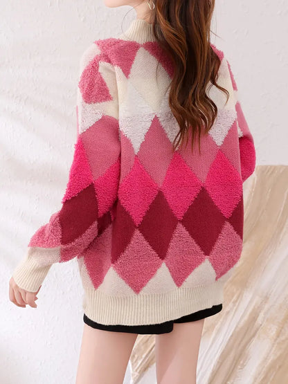 Stickad Dam Tröja V-ringning Diamantmönster Mjuk och Varm-2