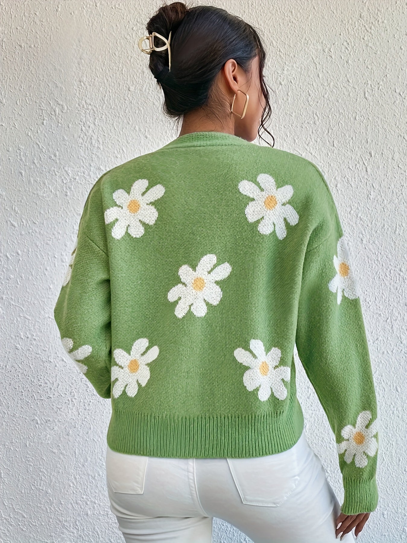 Stickad Dam Tröja Långa Ärmar Blommönster Mjuk Material-3