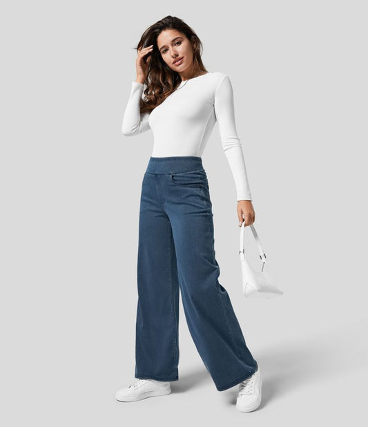Kvinnors Breda Byxor Hög Midja Elastisk Polyester-1