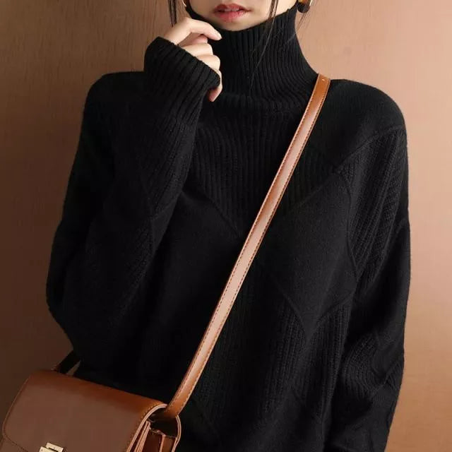 Stickad Dam Turtleneck Tröja i Löst Passform av Cashmere - Mjuk och Trendig för Höst och Vinter 8
