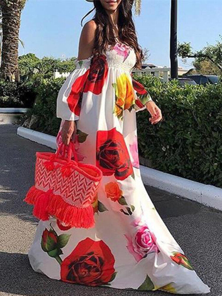 Lång Klänning Dam Maxi Klänning Blommönster Polyester med Långa Ärmar-1