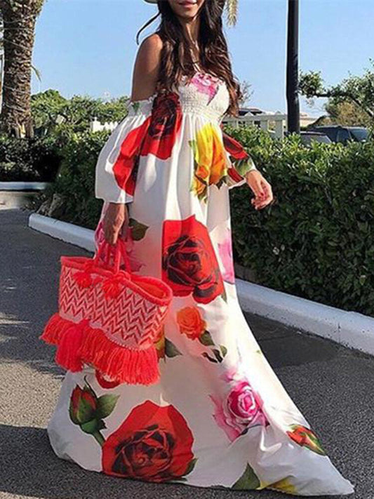 Lång Klänning Dam Maxi Klänning Blommönster Polyester med Långa Ärmar-1