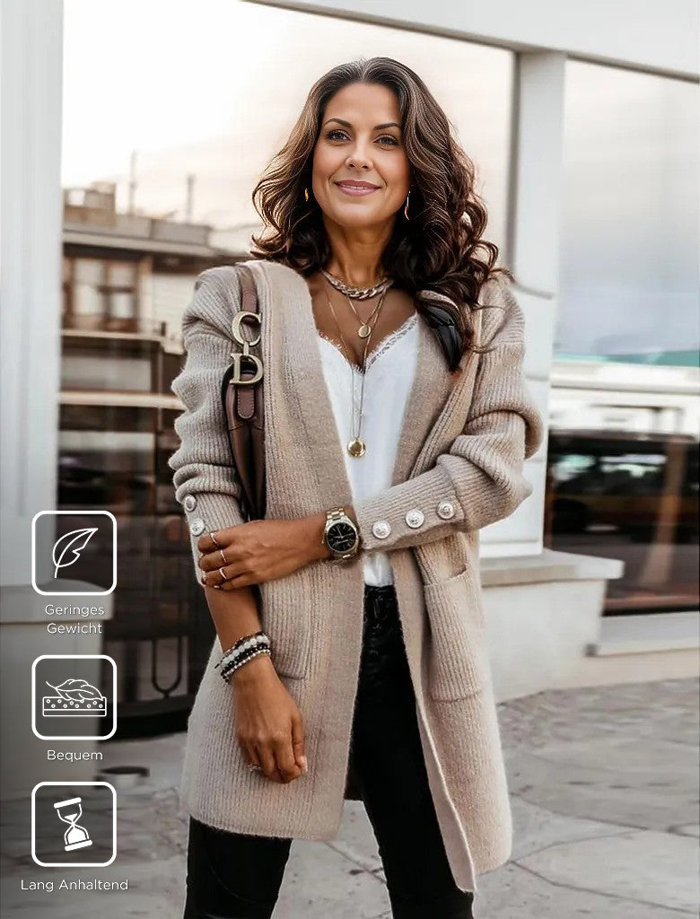 Lång Kofta Dam Stickad Mjuk Akryl med Fickor och Stora Knappar-2