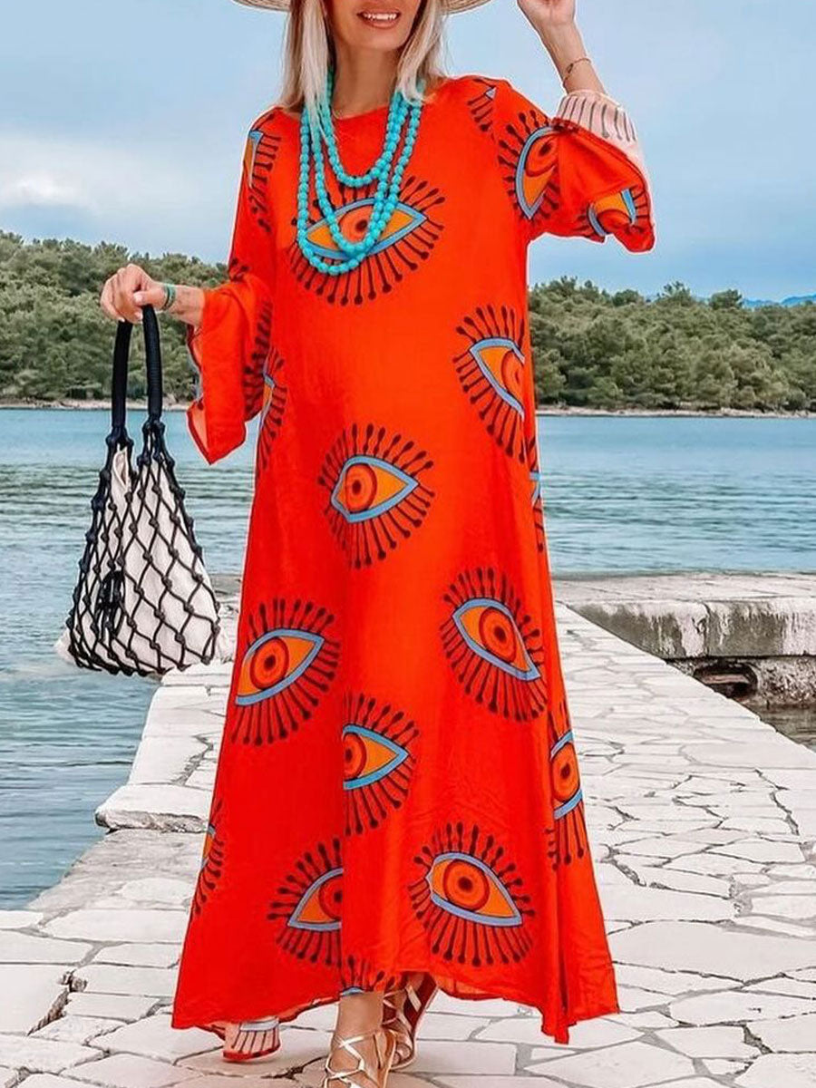 Dam Maxiklänning Långärmad Polyester Rundhals Med Unikt Konstögonmönster-2