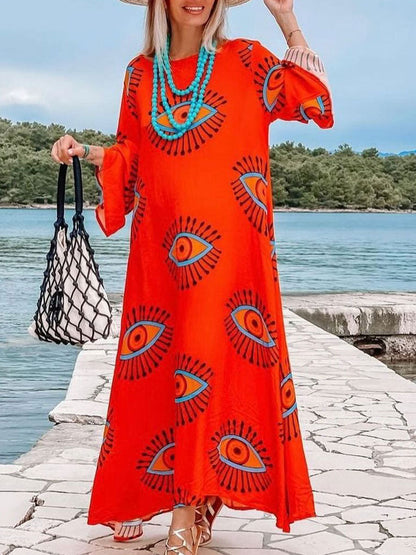 Dam Maxiklänning Långärmad Polyester Rundhals Med Unikt Konstögonmönster-2