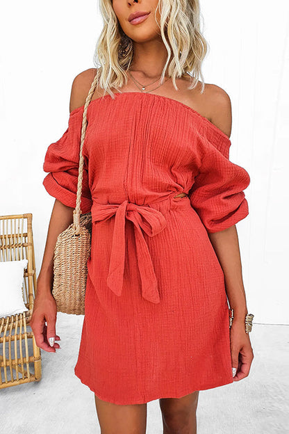 Variant image for Dam A-linjeformad Miniklänning Off Axel med Bundet Bälte i Bomull och Polyester-1