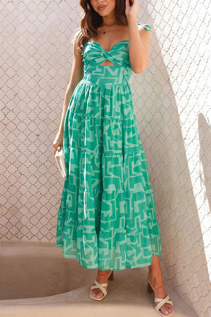 Damklänning Midi Med Bindning Och Tryck Bomull Polyester-4